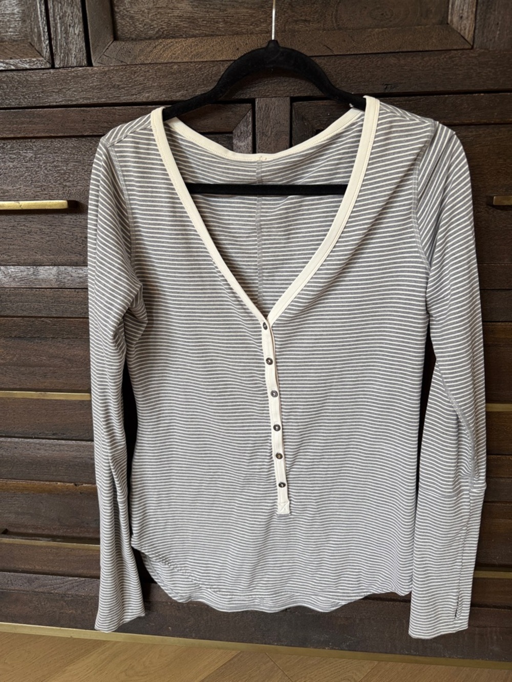 Lululemon Striped V-Neck Long Sleeve Henley Top - Cream & Gray